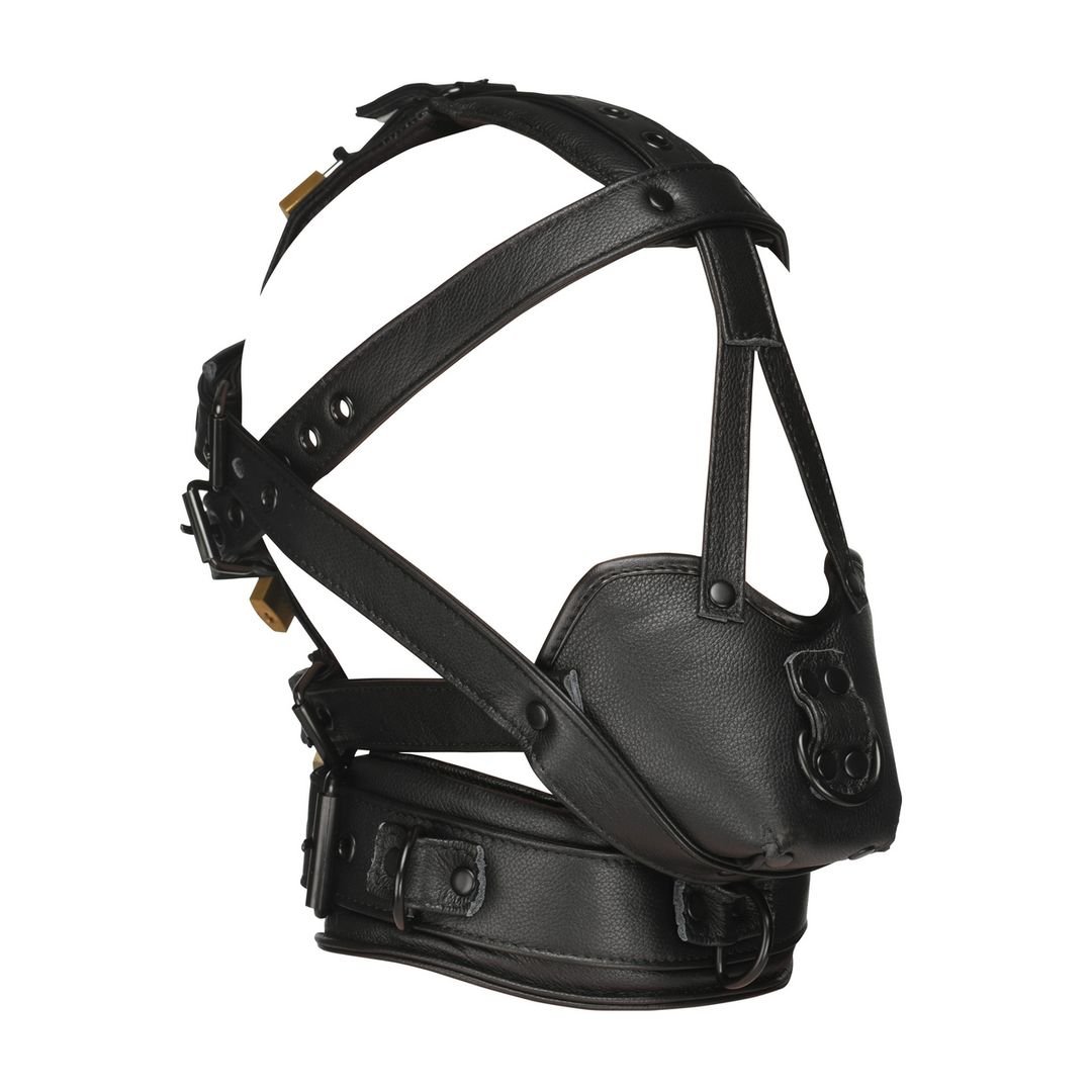 XR Brands Harness per la Testa con Lucchetti e Museruola - Nero