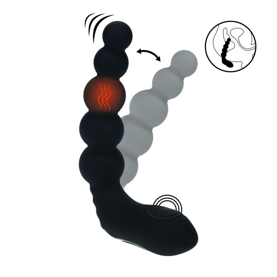 Levelz Stimulateur de prostate à billes vibrant, chauffant, flexible et tapotant en silicone - Noir