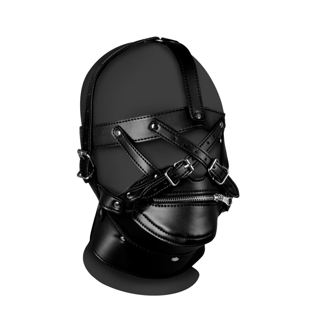 Ouch! Head Harness with Zip-up Mouth and Lock - Black