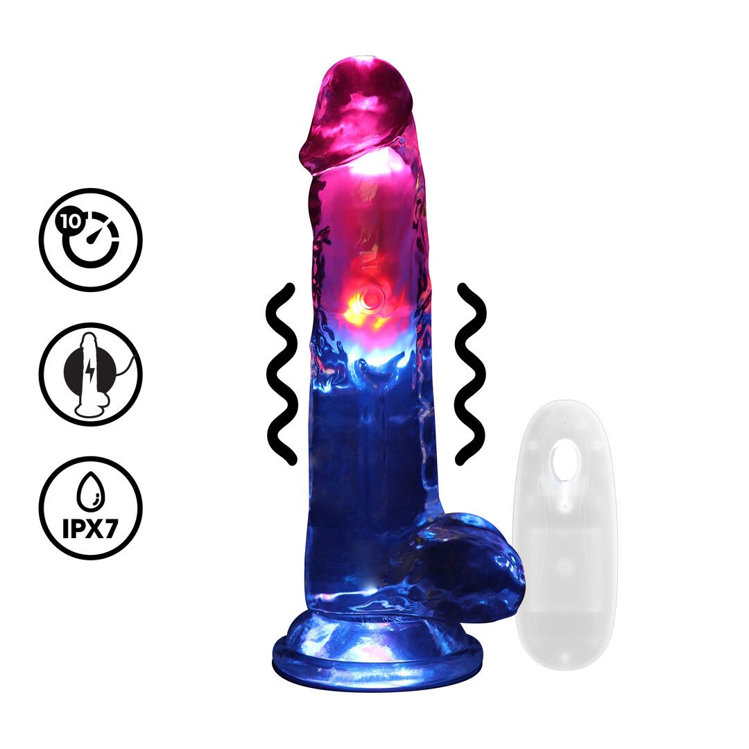 RealRock LED Vibrating Straight Cock with Balls - 20 cm - Transparent