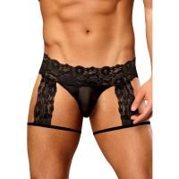 Male Power Scandal-Lace G-String Garter Short - S/M - Czarny