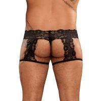 Male Power Scandal-Lace G-String Garter Short - S/M - Czarny, zdjęcie 2