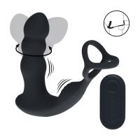 Levelz Dobbeltvibrerende fjernstyrt prostatastimulator i silikon med roterende hode og penis- og ballring - Svart