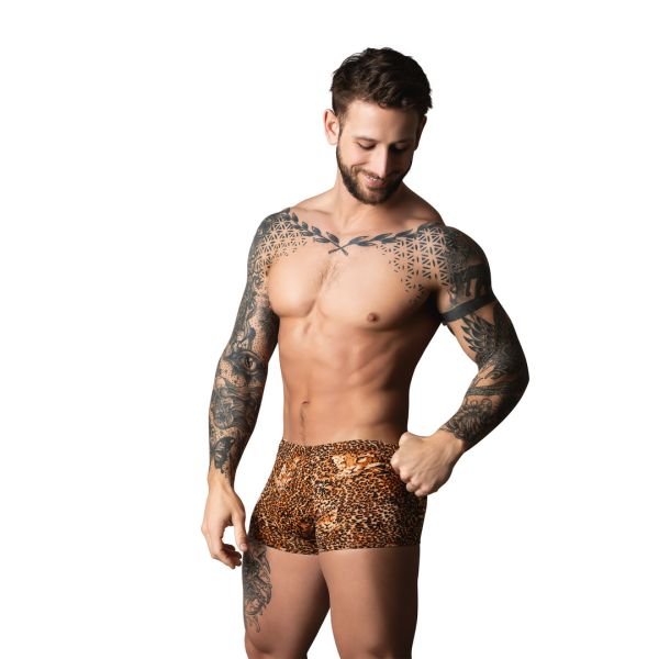 Male Power Shorts med pose og svart penisring - Brun leopard