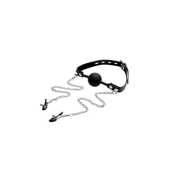 XR Brands Silicone Ball Gag with Nipple Clamps
