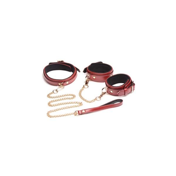 XR Brands 6-Piece Burgundy Bondage Set with Cuffs, Collar and Leash