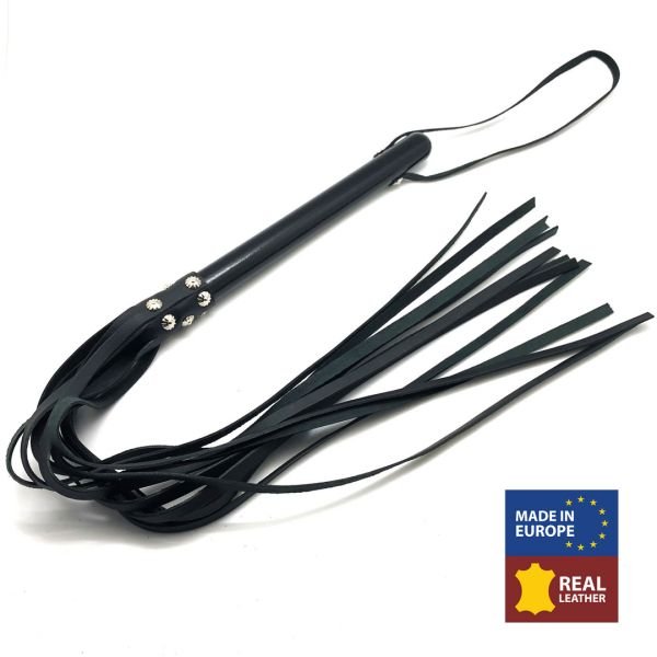 Red Leather Drewniany pejcz martinet ze skórzanymi rzemieniami - 78 cm - Czarny