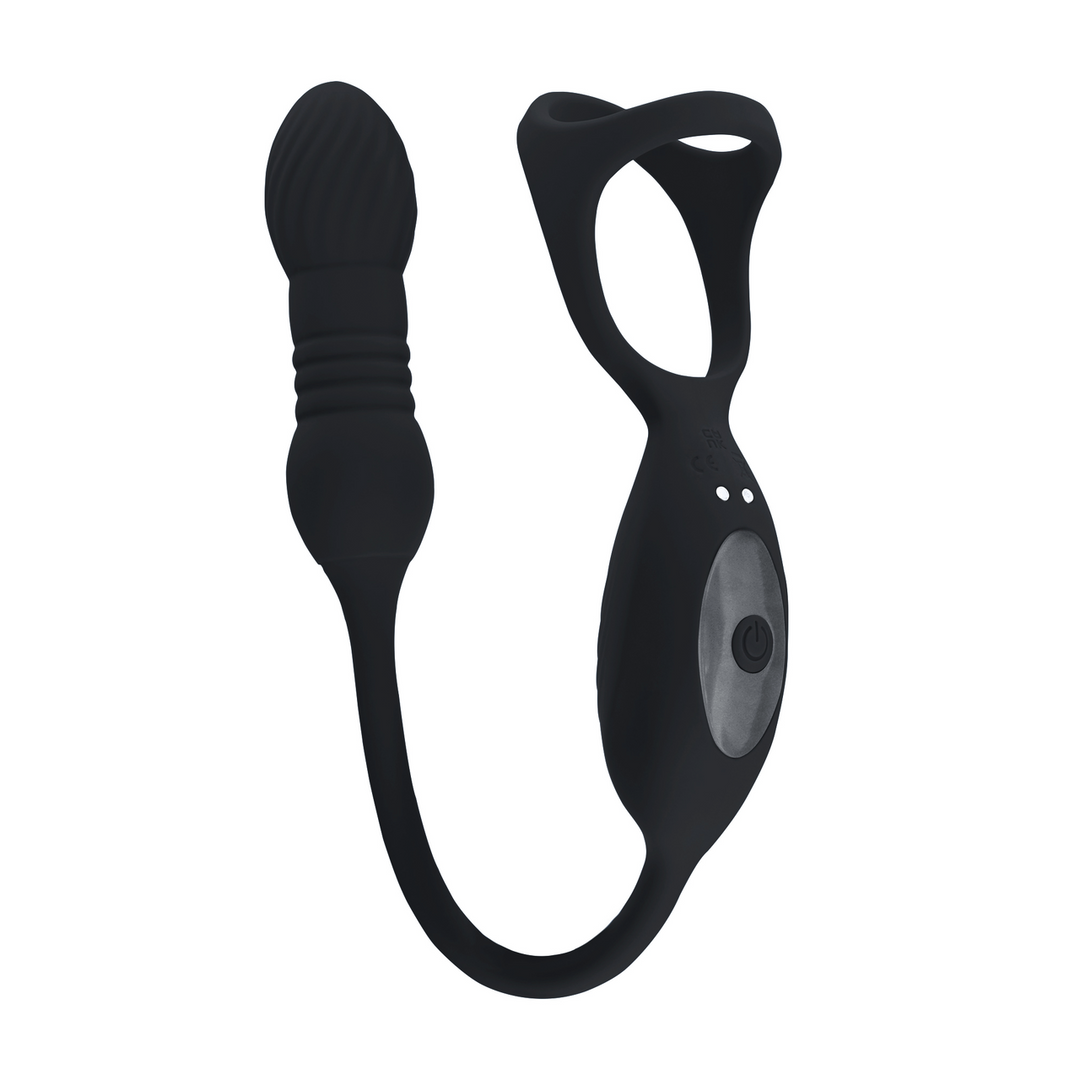 Vibrating and Thrusting Silicone Tri O Cockring with Prostate Stimulator - Black