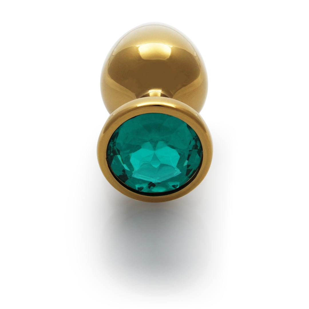Round Gem Butt Plug - M - Gold/Emerald Green - Image 4