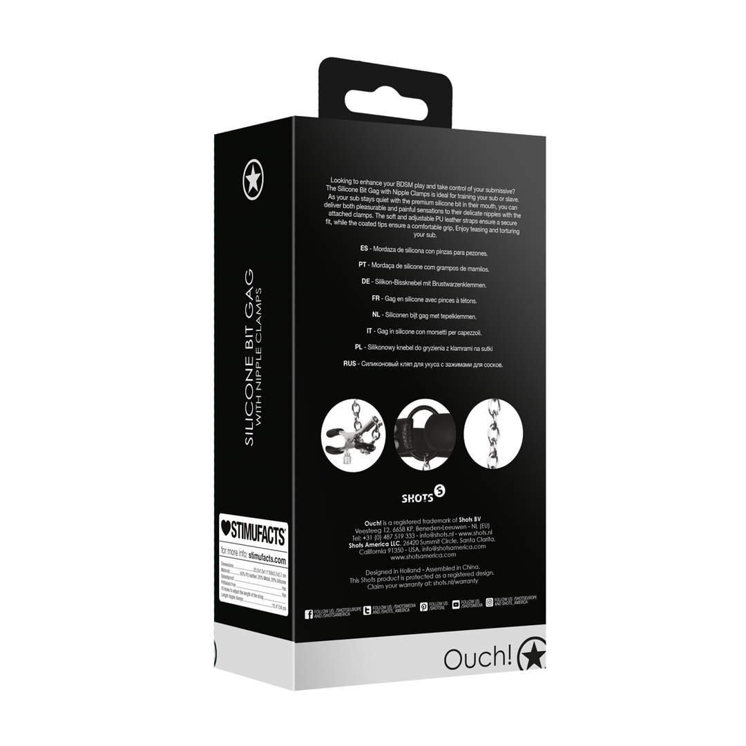 Silicone Bit Gag with Nipple Clamps - Black - Image 3