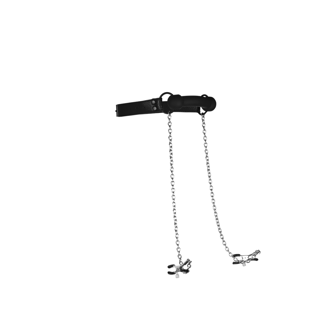 Silicone Bit Gag with Nipple Clamps - Black - Image 4